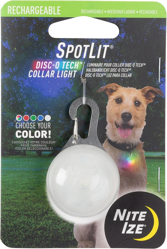 Nite Ize SpotLit rechargeable collar light front view showing color changing LED glow