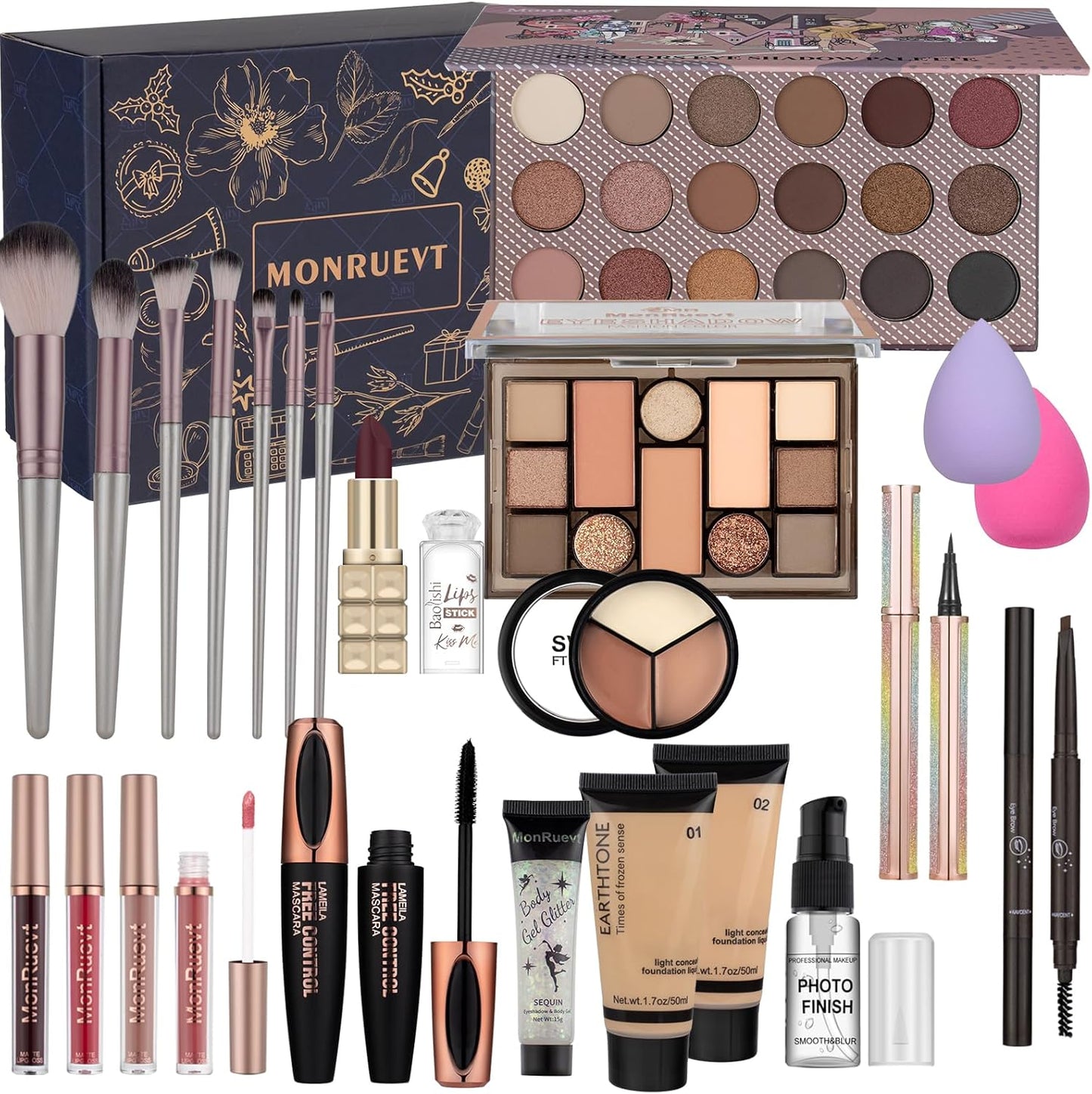 MONRUEVT all in one makeup kit front view showing open eyeshadow palettes and foundation