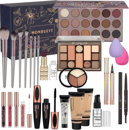 MONRUEVT all in one makeup kit front view showing open eyeshadow palettes and foundation