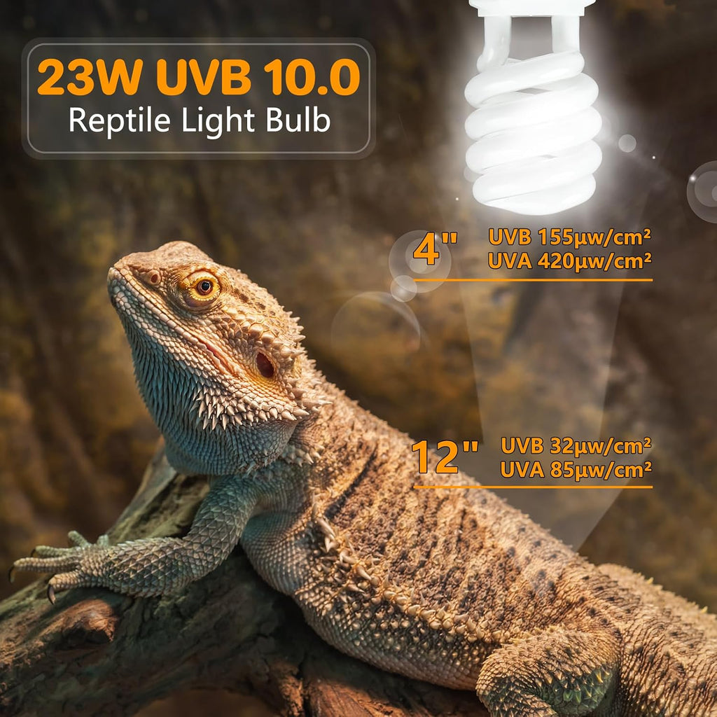 Lucky Herp 10.0 UVB bulb lit up inside terrarium fixture