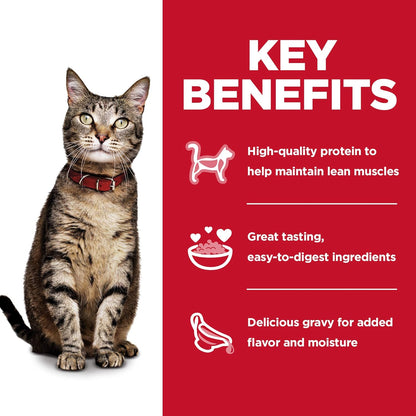 Twelve pack of single serve wet cat food pouches for lean muscle maintenance.