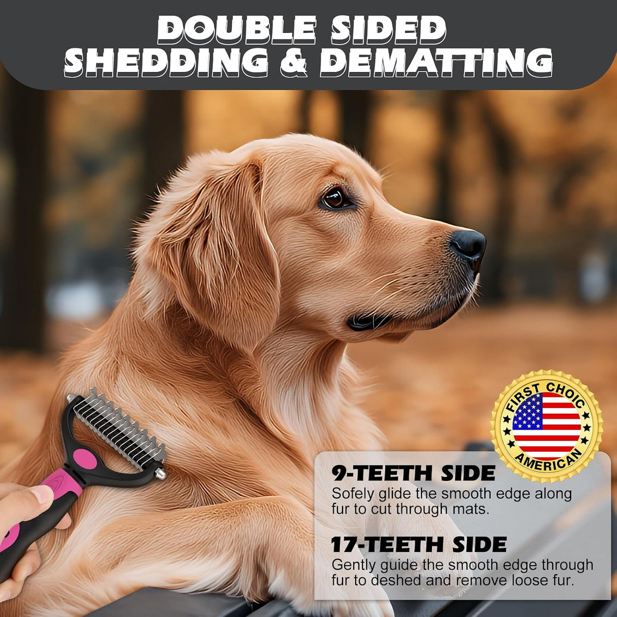 Double sided pet dematting tool close up showing rounded stainless steel teeth.