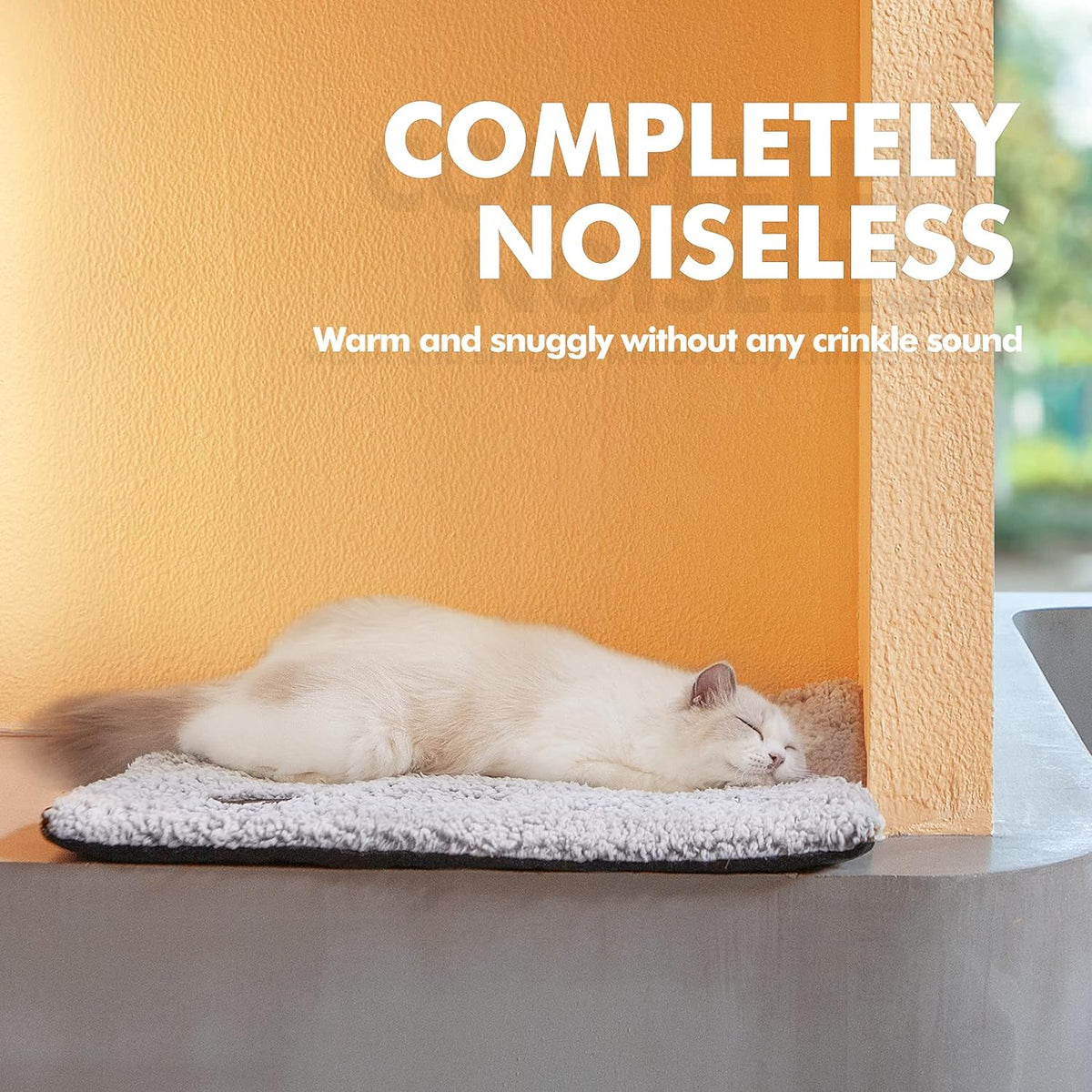 Mora Pets non electric heating mat used by a sleeping kitten on a living room floor