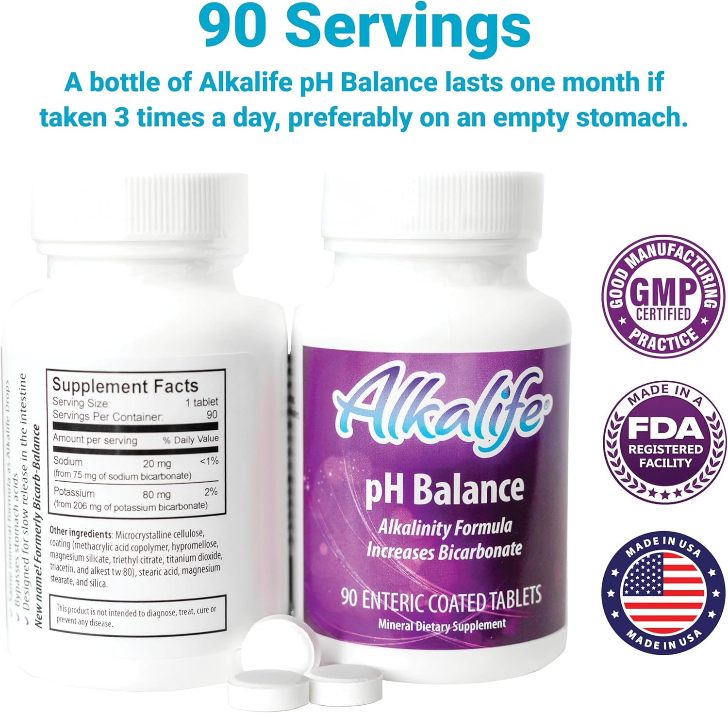 Close-up of the enteric-coated time-release tablets next to the official Alkalife packaging.