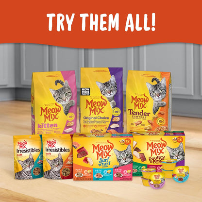 Single serving cup of Meow Mix cat food next to packaging
