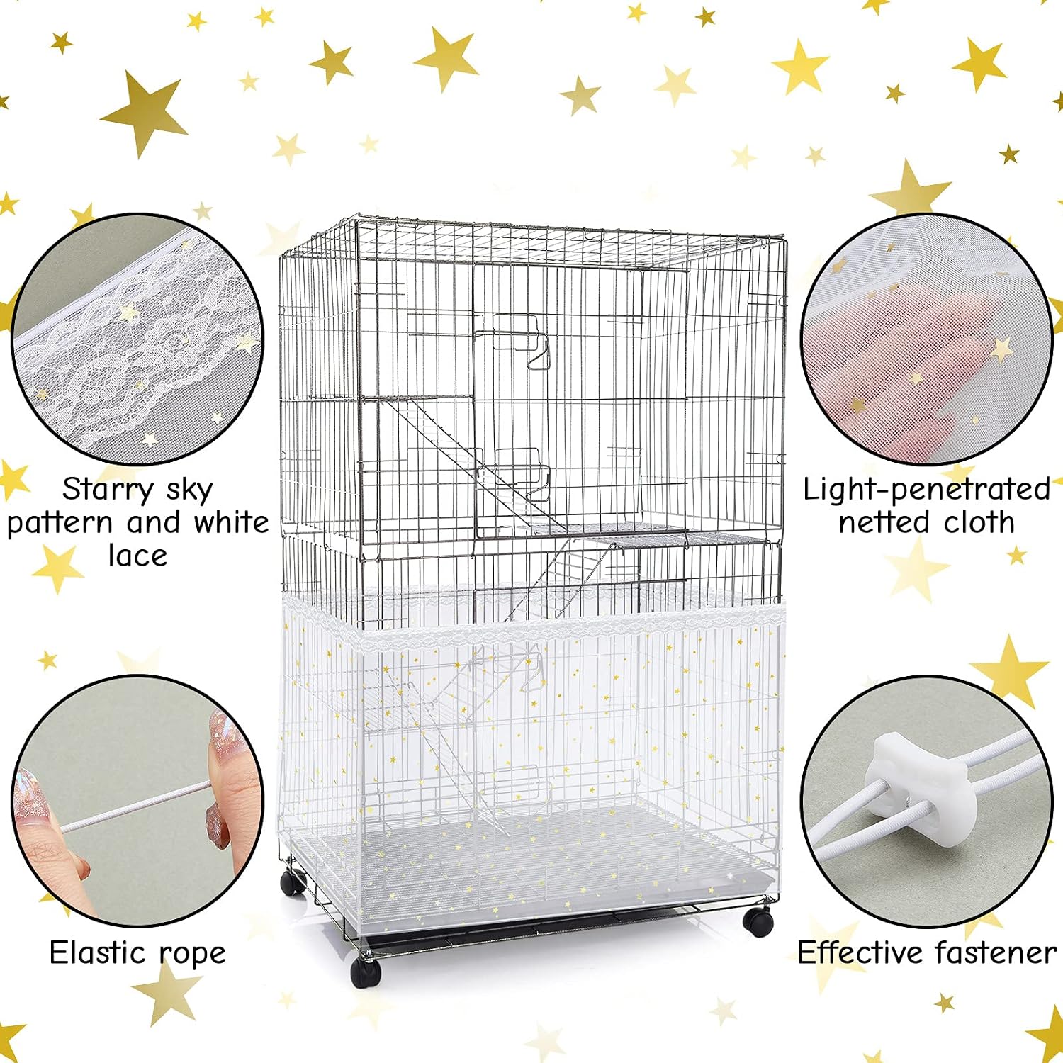 Adjustable birdcage nylon mesh net cover with twinkling gold star pattern detail
