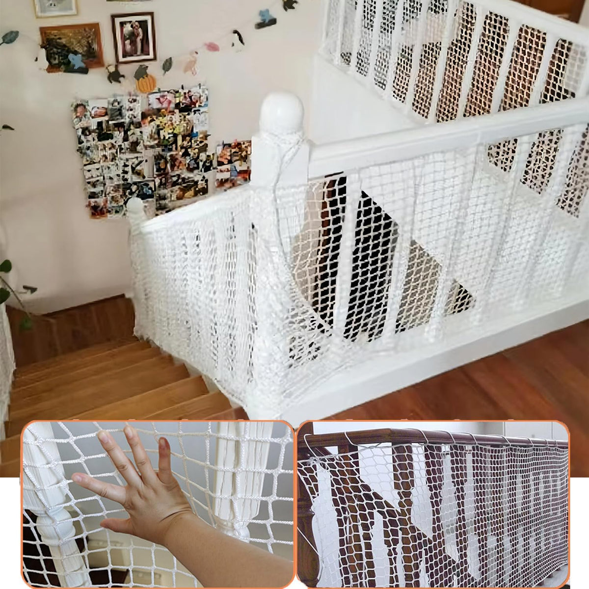 Agona mesh netting safety net front view showing white child safety barrier on balcony rail.