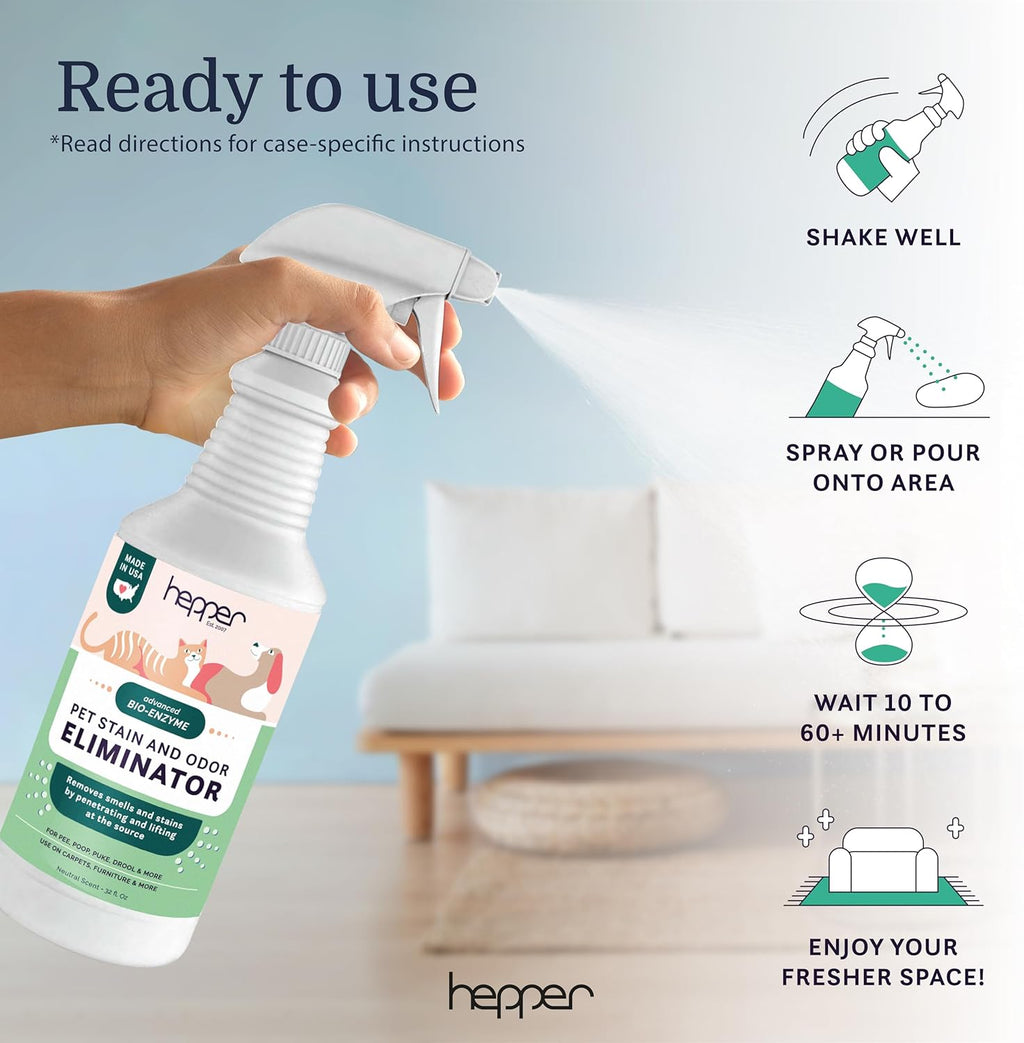 Hepper thirty two ounce bio enzyme spray bottle for fabric and couch cleaning.
