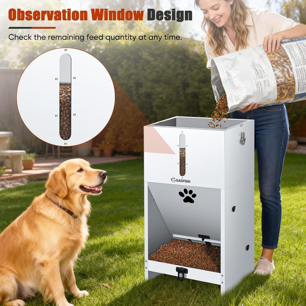 Side profile of GADFISH automatic gravity dog food station highlighting the weather resistant galvanized steel finish