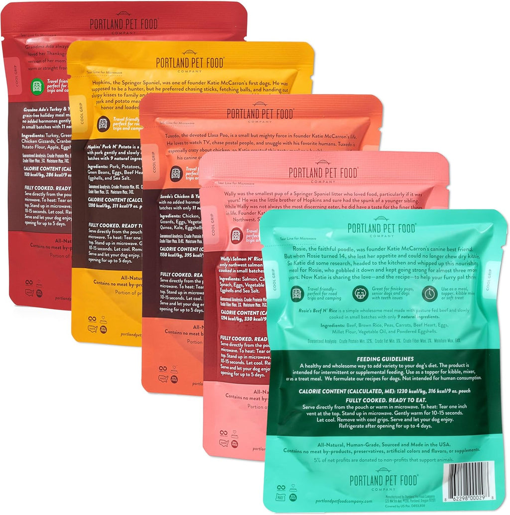 Shelf-stable dog food pouches arranged for display