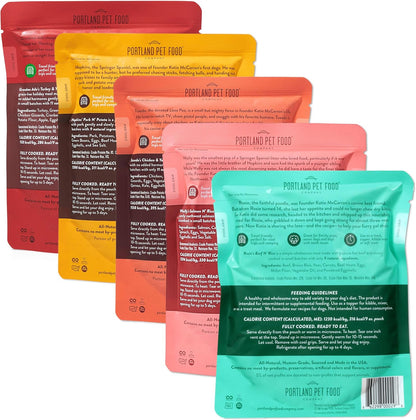 Shelf-stable dog food pouches arranged for display