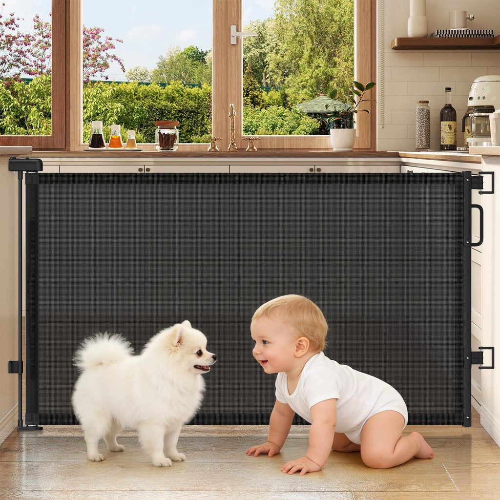 Cideny retractable baby gate front view installed in a wide wooden doorway.