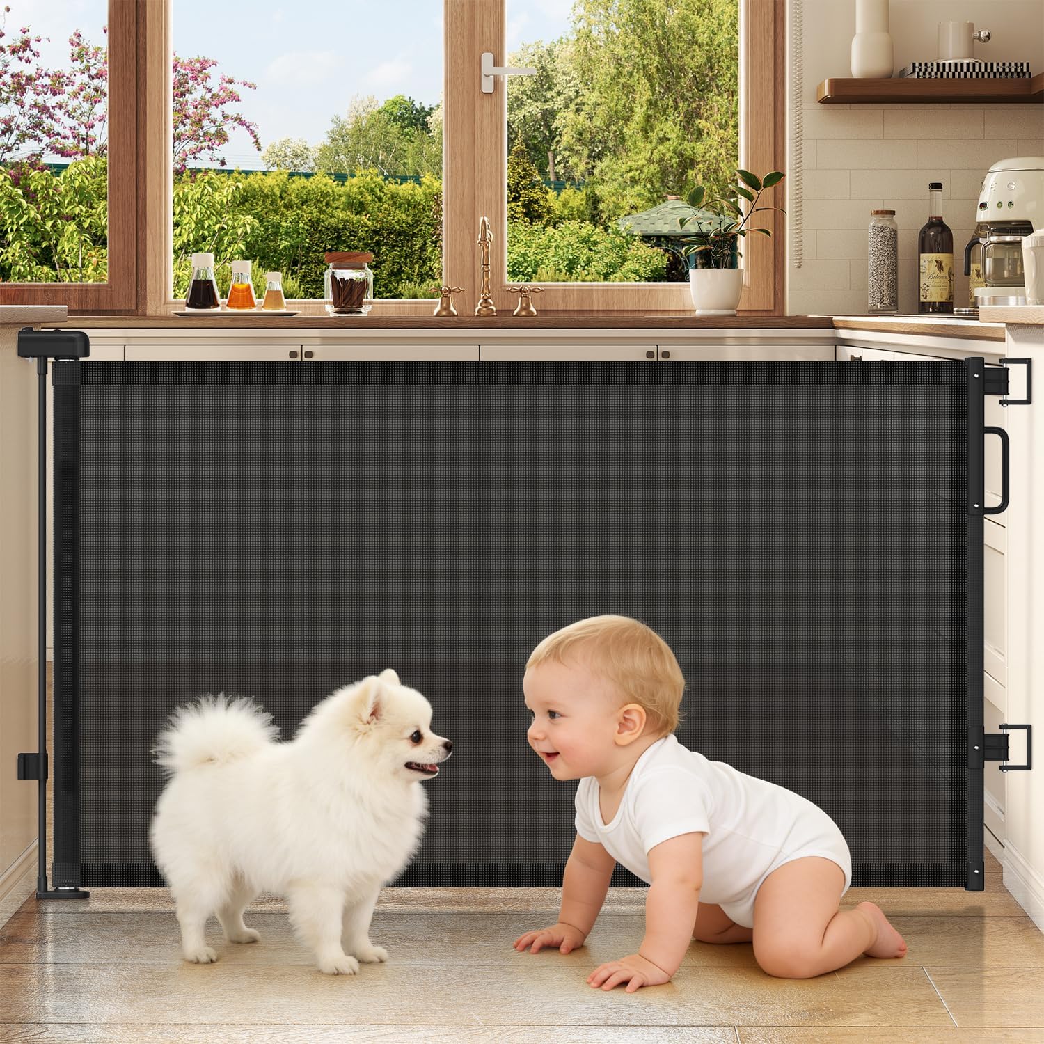 Cideny retractable baby gate front view installed in a wide wooden doorway.