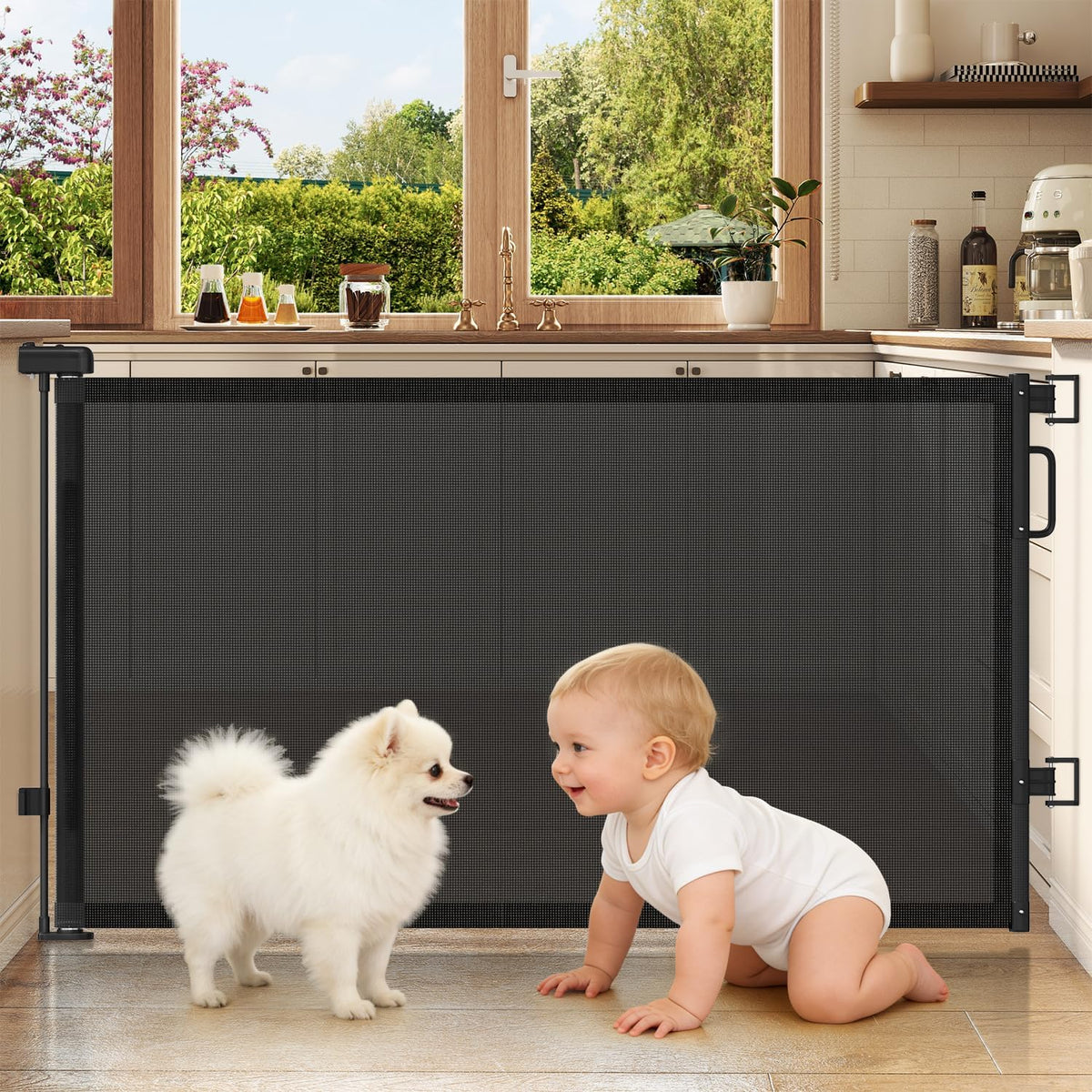 Cideny retractable baby gate front view installed in a wide wooden doorway.