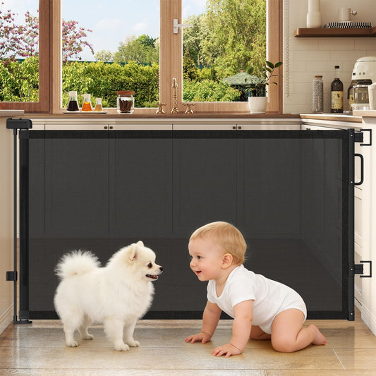 Cideny retractable baby gate front view installed in a wide wooden doorway.