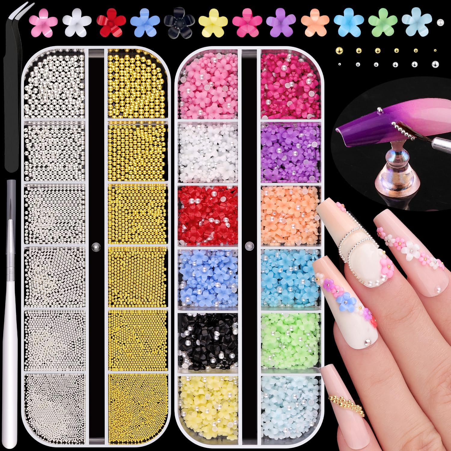 Gleevia 3D nail art decoration kit front view with charms and beads