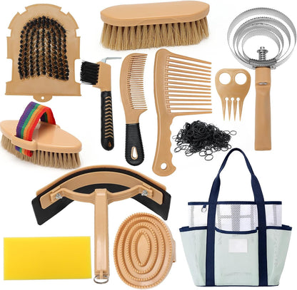 Cunhill complete nine pieces horse care set unpacked layout on clean surface