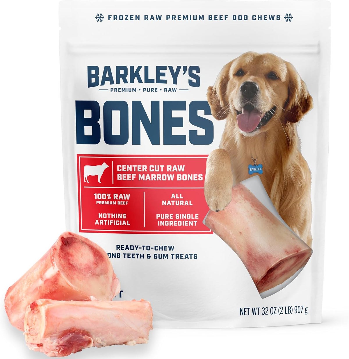 Barkley's Premium Raw Beef Marrow Bones frozen dog treat bag front view