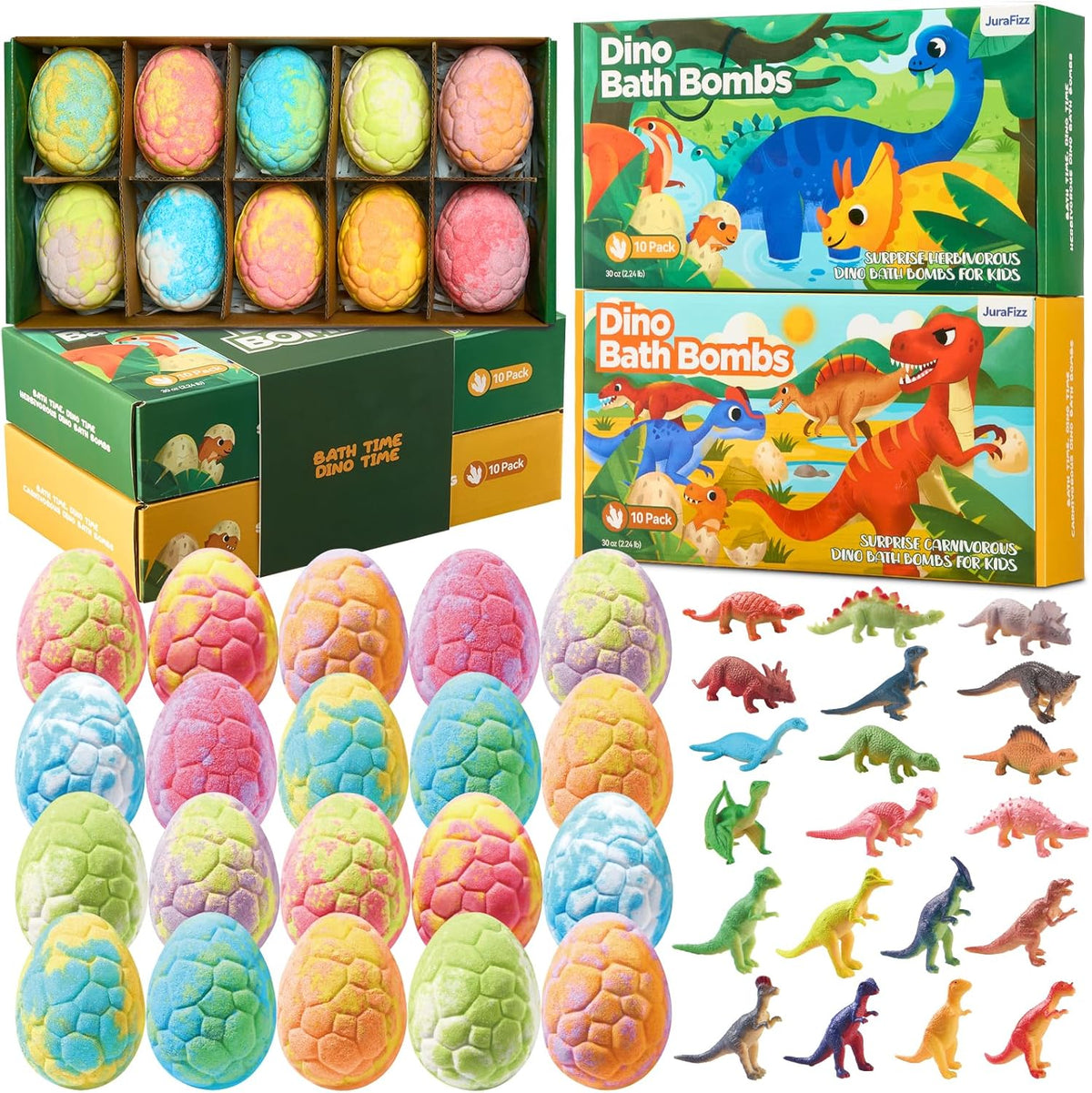 JuraFizz Dinosaur Bath Bombs front view packaging with 20 dino egg fizzers