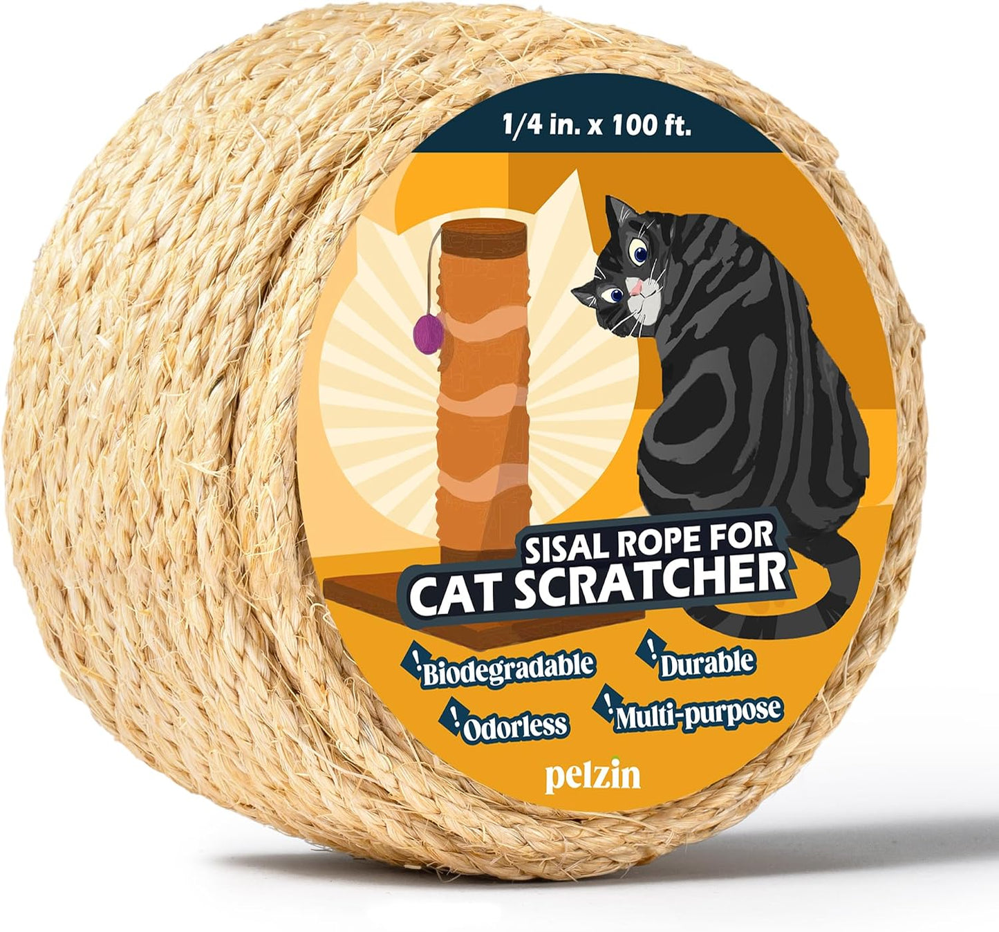 Pelzin Natural Sisal Rope for Cat Scratcher - 1/4 Inch by 50 Feet, Cat Tree Rope Twine for Scratching Post Replacement, Repairing, Recovering and DIY, White - Image 14