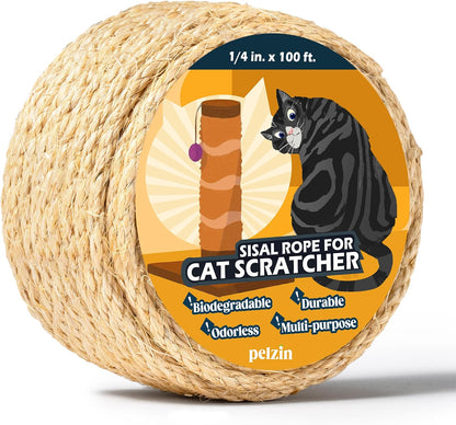 Pelzin Natural Sisal Rope for Cat Scratcher - 1/4 Inch by 50 Feet, Cat Tree Rope Twine for Scratching Post Replacement, Repairing, Recovering and DIY, White - Image 14