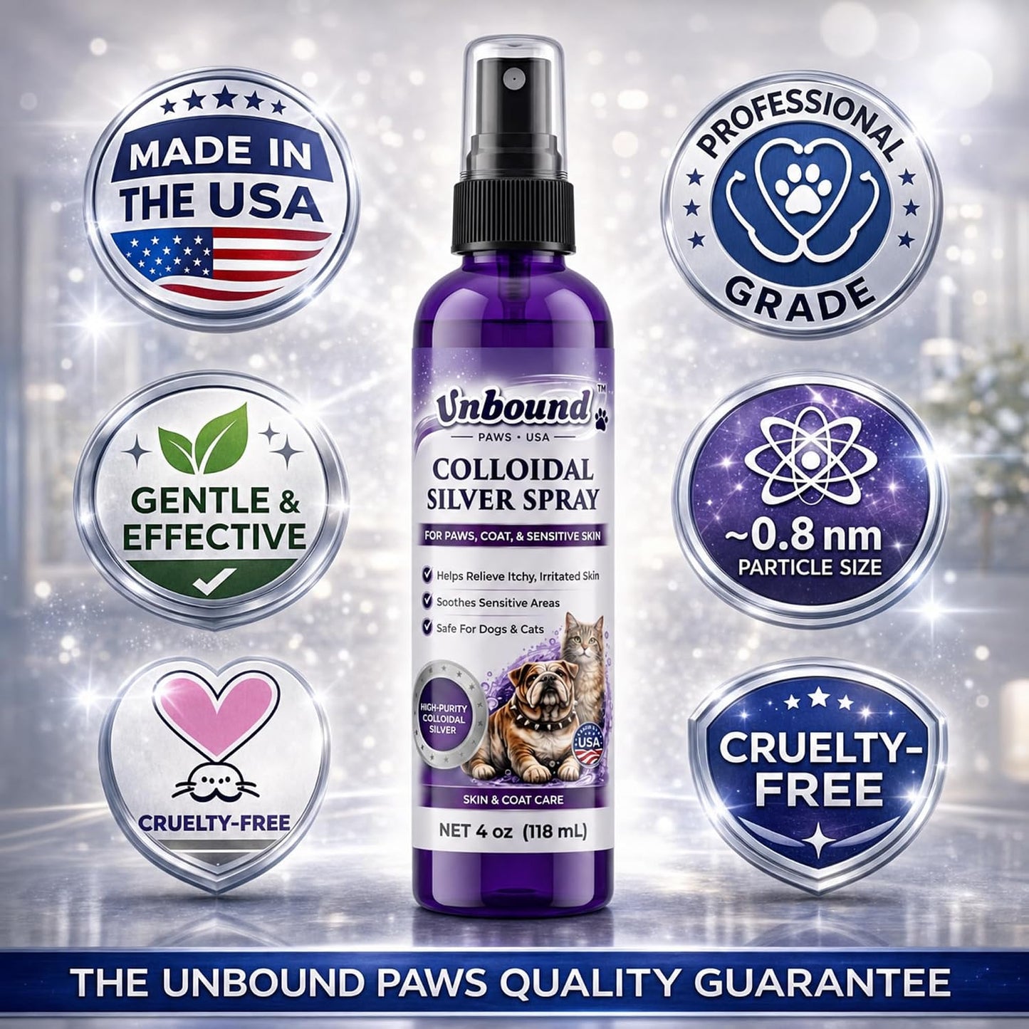 Gentle pet skin and coat support spray application on dog paw