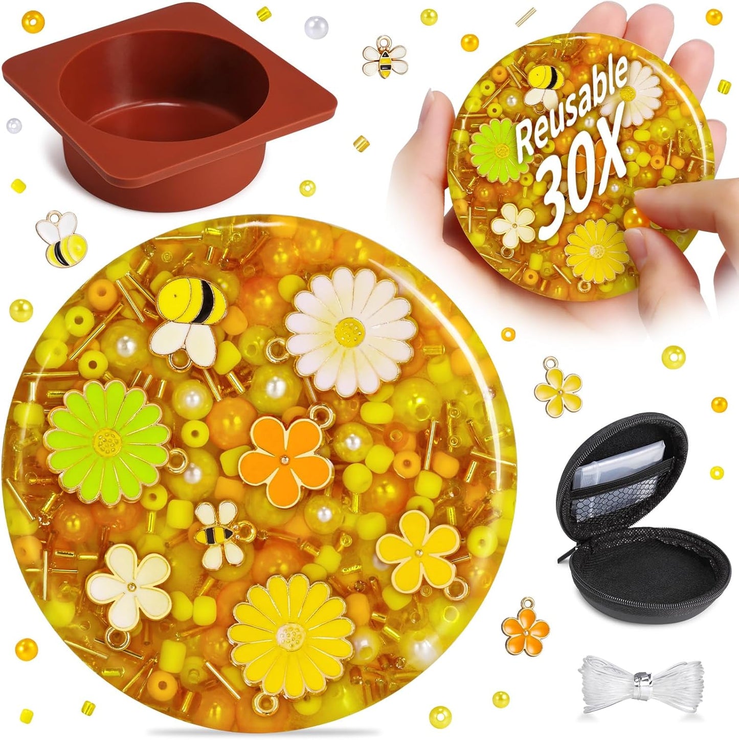 PLUMIA Reusable Picking Fidget Pad front view showing yellow honey bee design and embedded beads.