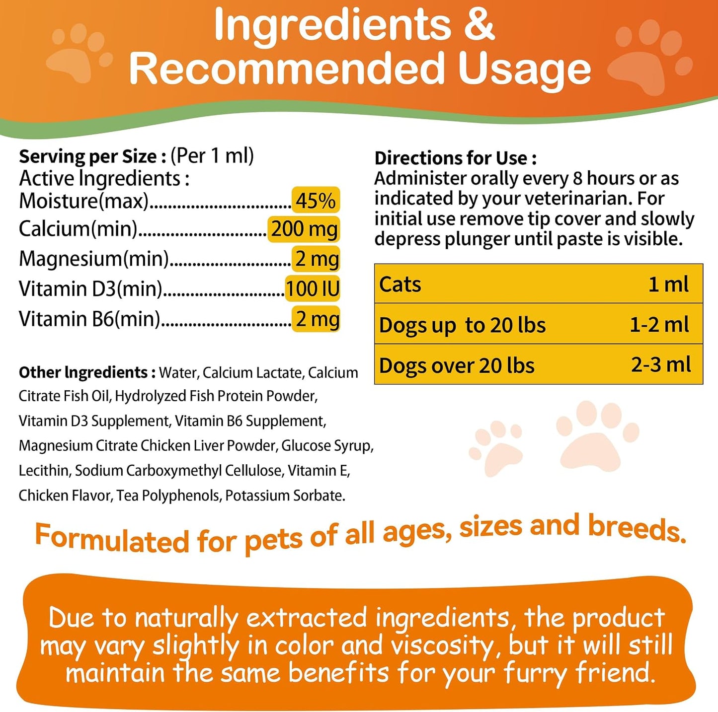 Nutritional facts and ingredients on revival animal health calcium packaging