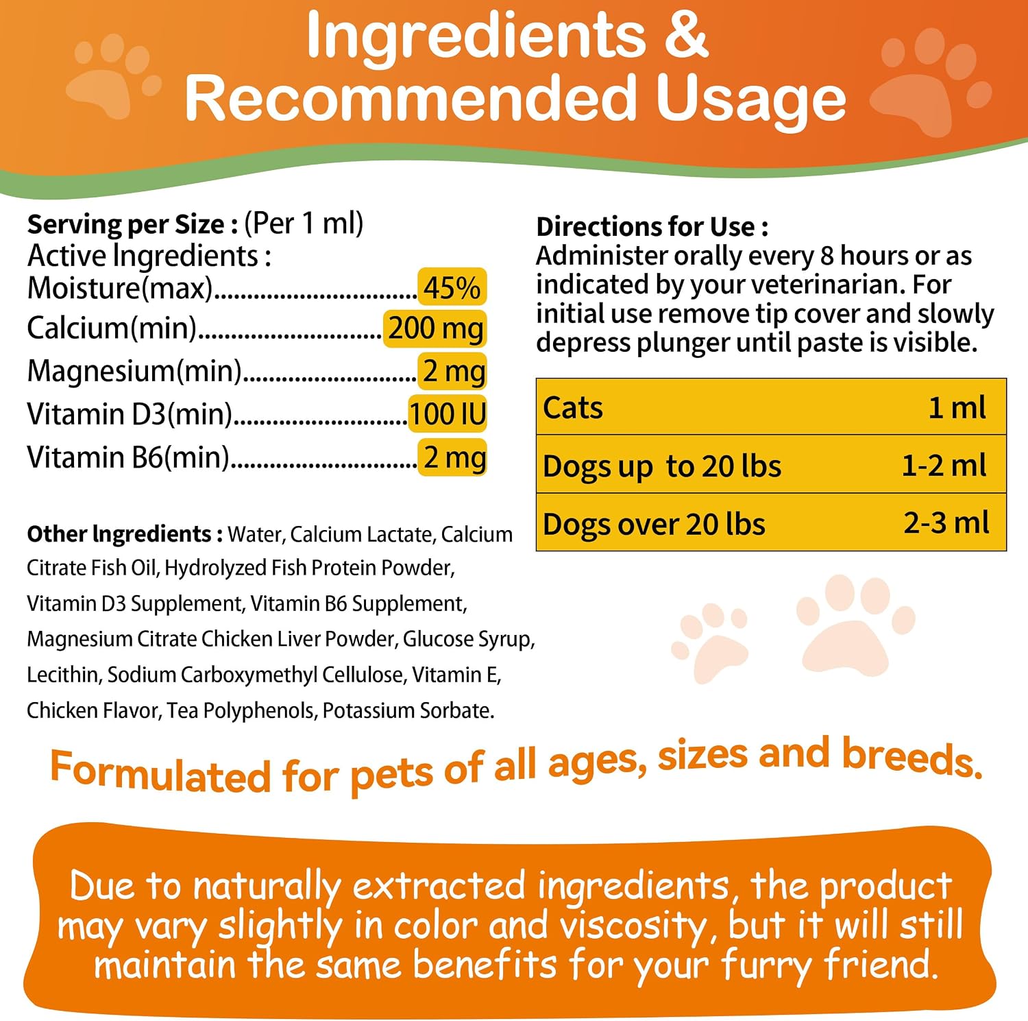 Nutritional facts and ingredients on revival animal health calcium packaging