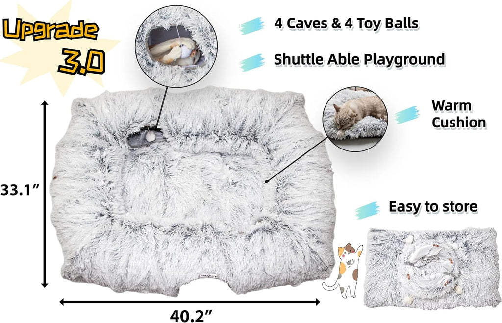 XxingSheep interactive pet cave bed with a large domestic cat lounging on the central warm mat