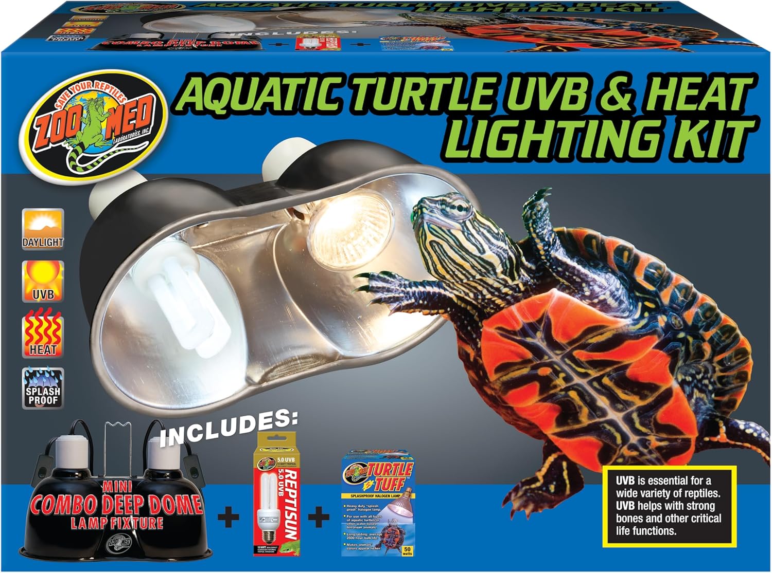 Zoo Med Aquatic Turtle UVB and Heat Lighting Kit front view commercial terrarium setup.