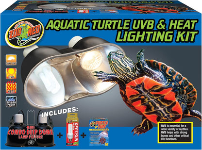 Zoo Med Aquatic Turtle UVB and Heat Lighting Kit front view commercial terrarium setup.