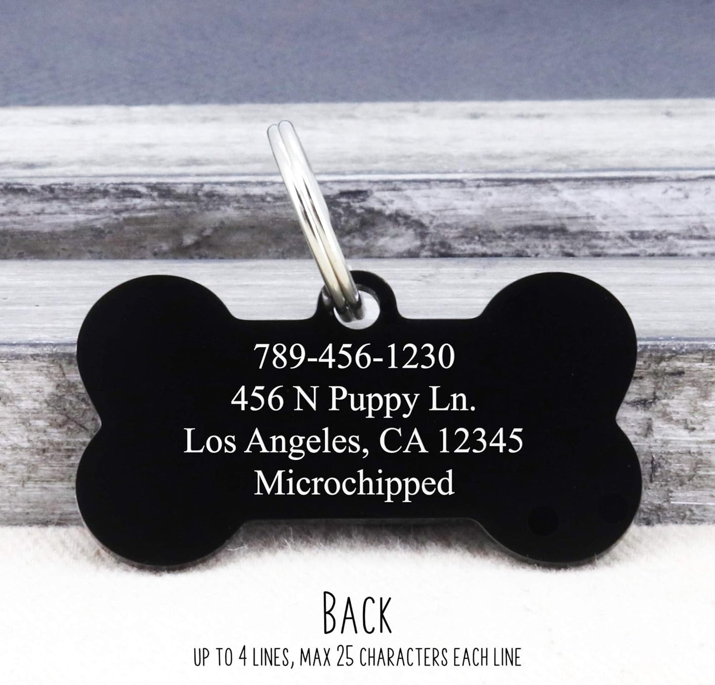 Ultra Joys customized pet identification tag back side view with emergency phone number engraving