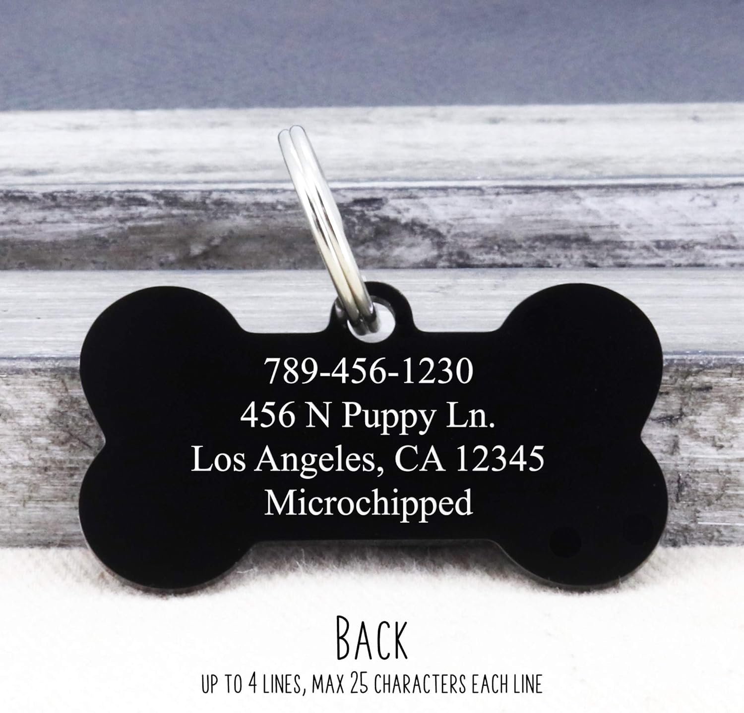 Ultra Joys customized pet identification tag back side view with emergency phone number engraving