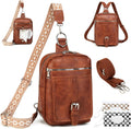 Myhozee sling bag crossbody backpack front view in brown vegan leather.