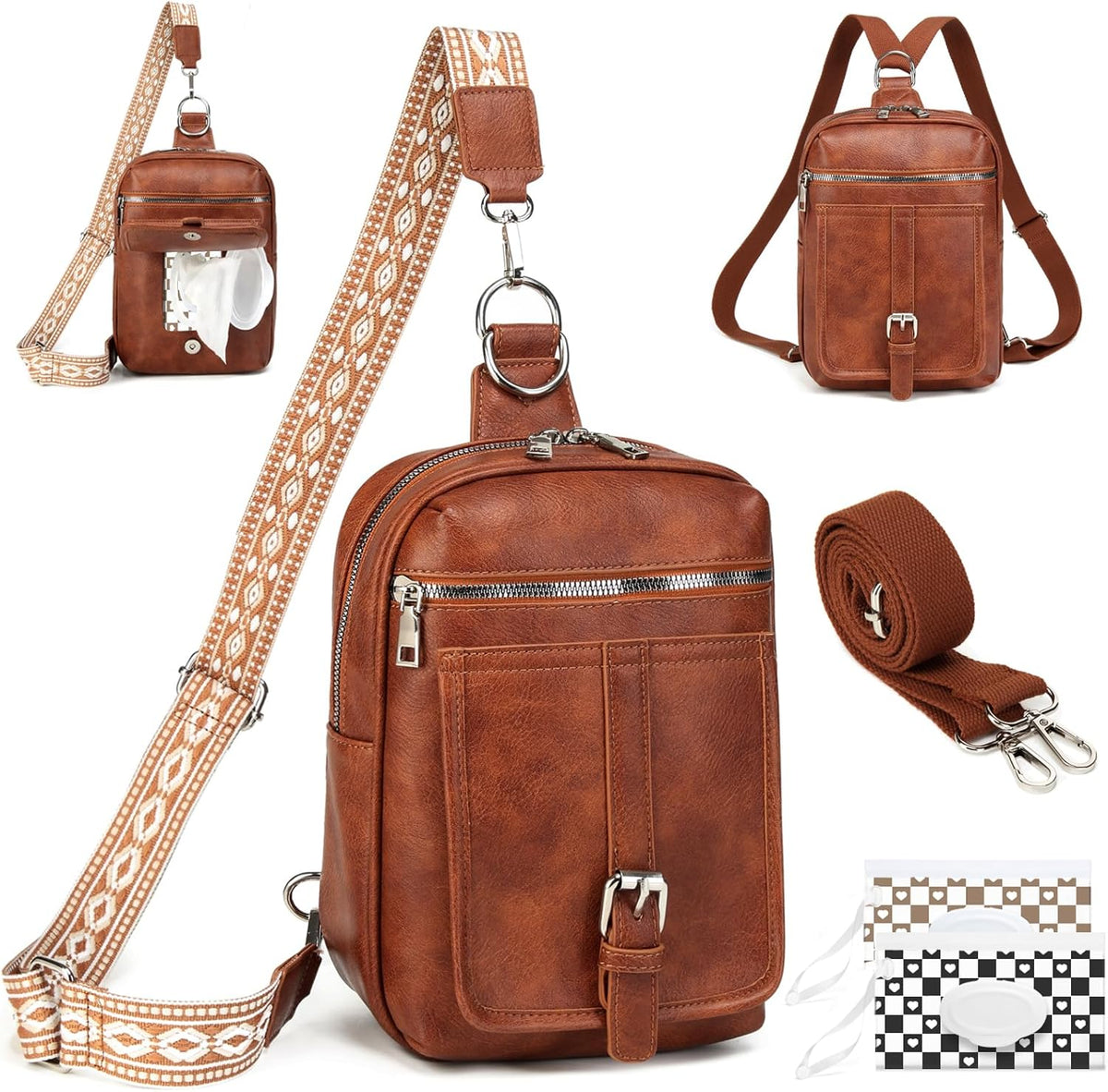 Myhozee sling bag crossbody backpack front view in brown vegan leather.