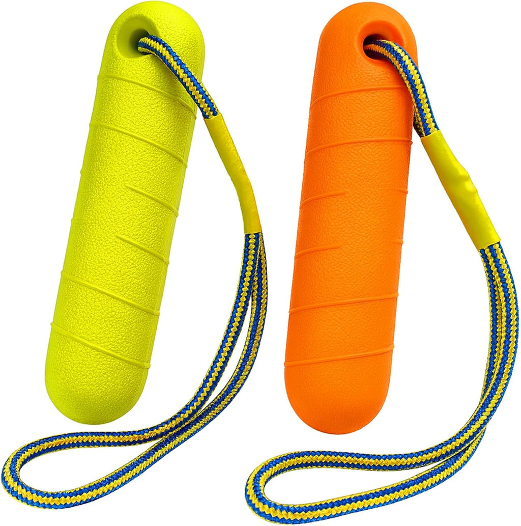 Ruffify Floating Dog Toys front view of orange and green bumper sticks with rope handles.