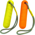 Ruffify Floating Dog Toys front view of orange and green bumper sticks with rope handles.