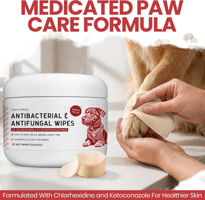 Chew + Heal Labs chlorhexidine wipes jar top angle view for itchy skin relief.