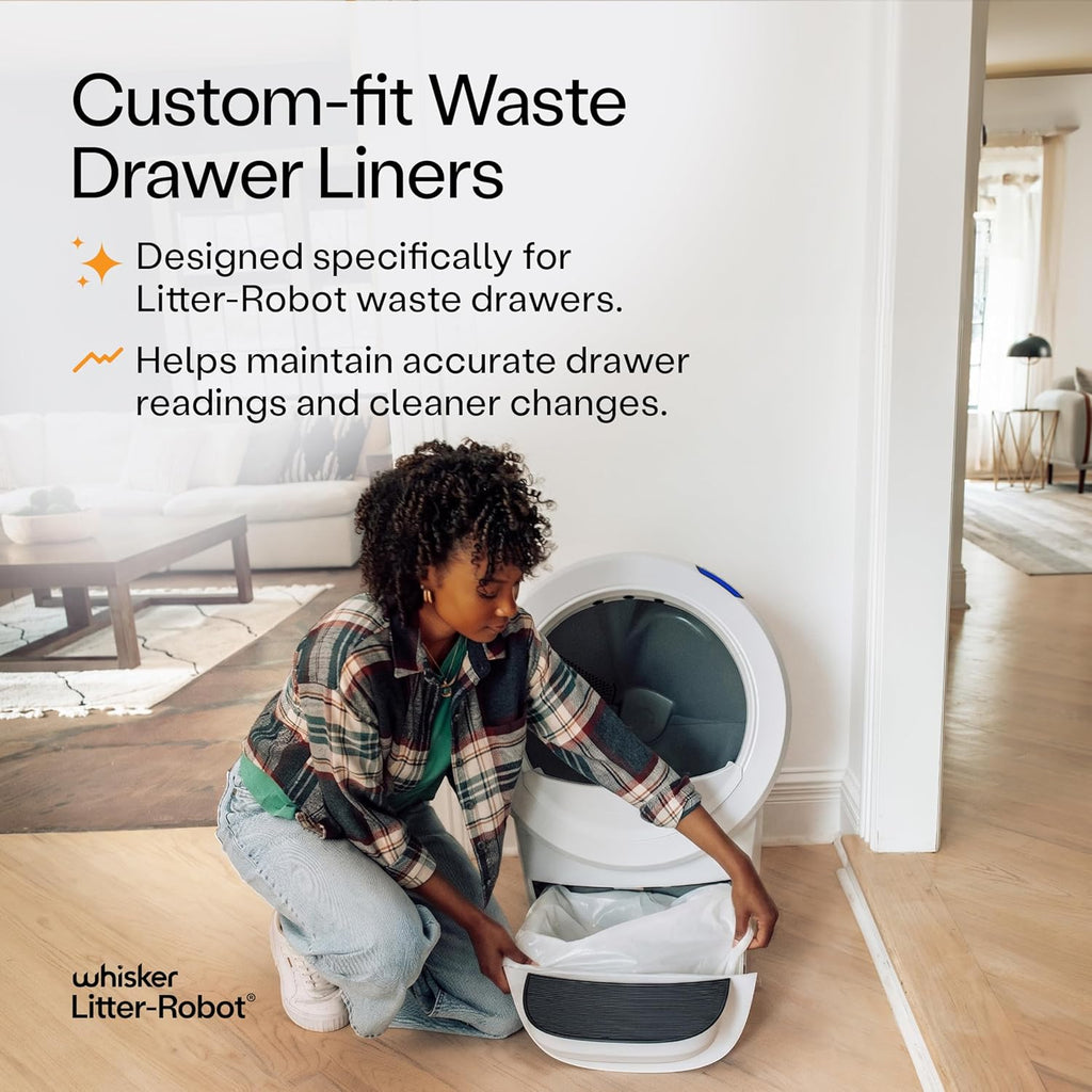 Close-up of a white custom-fit waste bag installed in an automatic cat litter box.