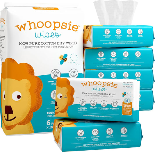 Whoopsie Wipes â€“ The Original 100% Pure Cotton Dry Baby Wipes â€“ Ultra Soft, Unscented, Chemical-Free Wipes for Sensitive Skin â€“ Use Dry or Add Water for Wet Wipes â€“ 6 Packs (600 Count) - Image 1