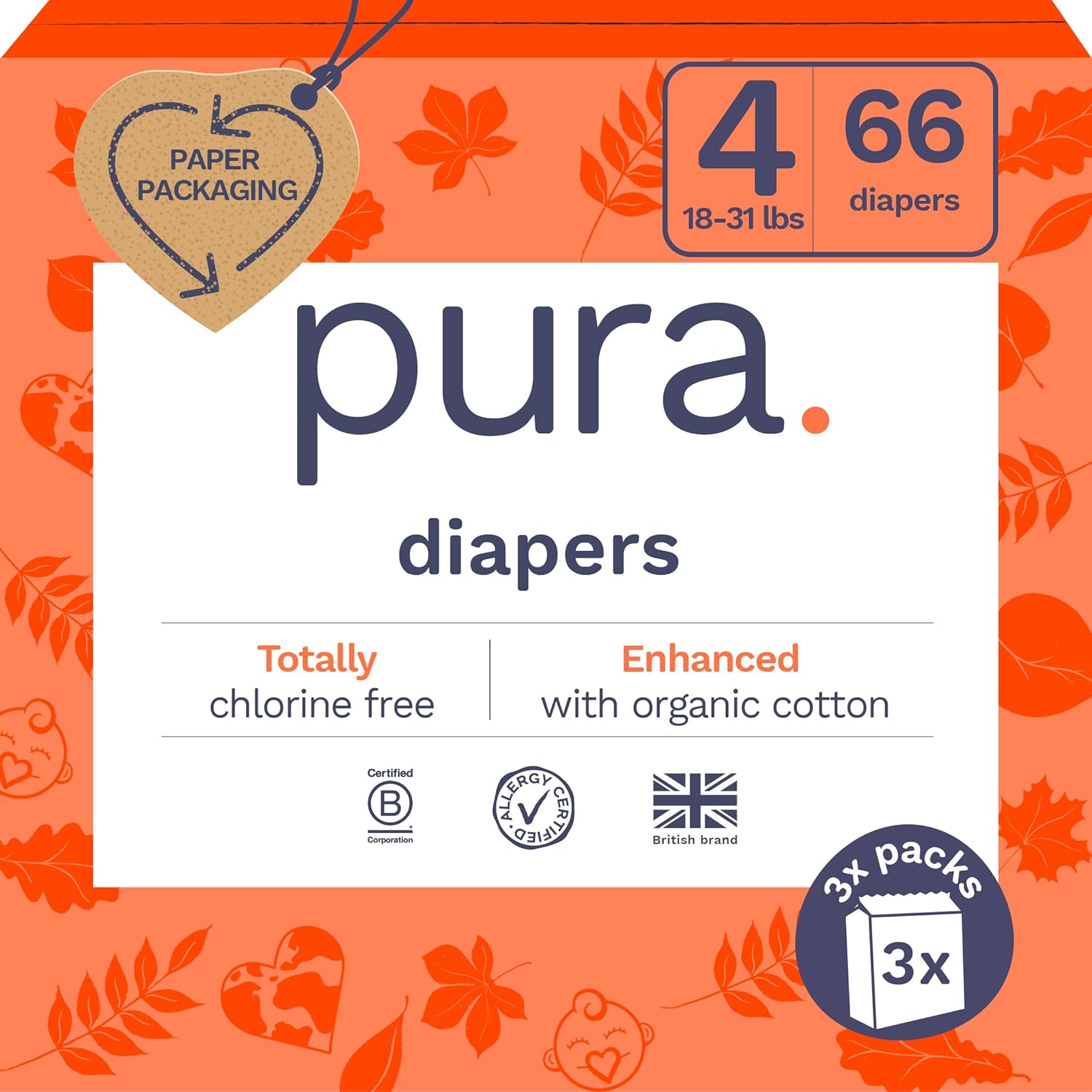Pura Size 4 Eco Friendly Diapers 66 Count retail packaging front view showcasing organic cotton shield