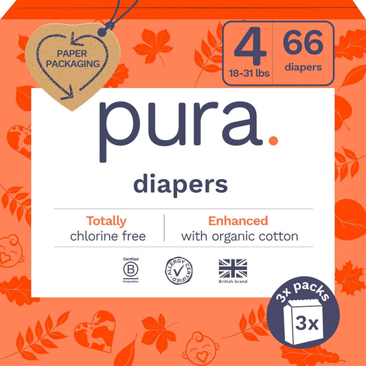 Pura Size 4 Eco Friendly Diapers 66 Count retail packaging front view showcasing organic cotton shield