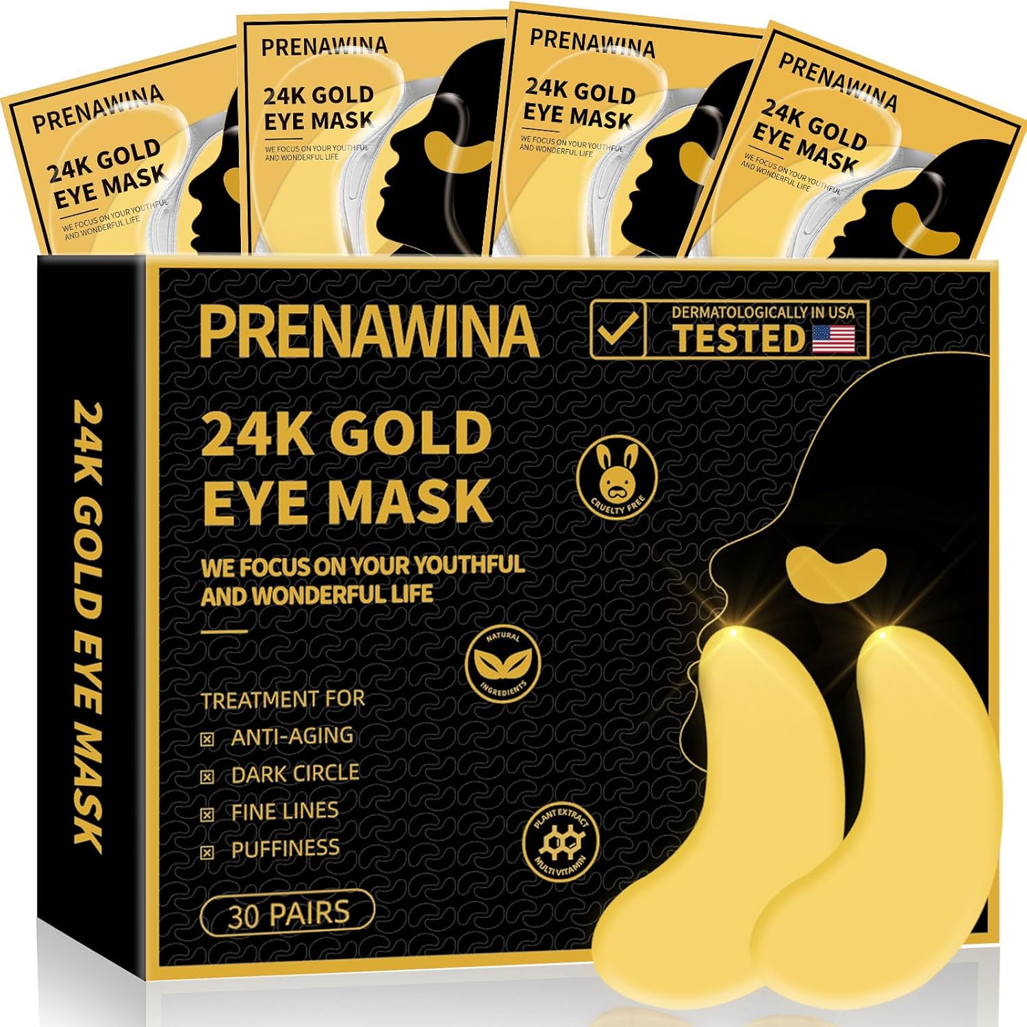 Prenawina 24K Gold Under Eye Patches front view packaging showing thirty pairs of hydrogel masks for puffy eyes treatment.