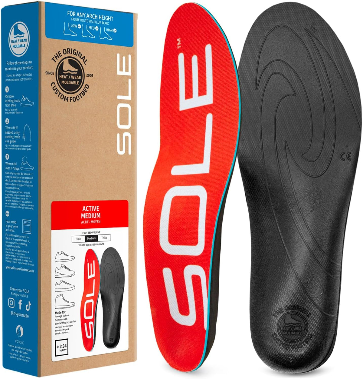 SOLE Active Medium Insoles front view showing red orthotic arch support