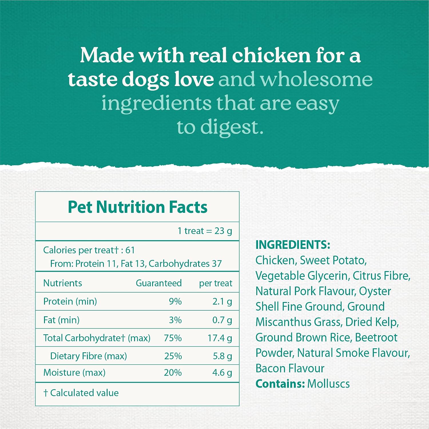 Back label of Caledon Farms Plaque Busters showing natural ingredients and feeding guidelines for dogs.