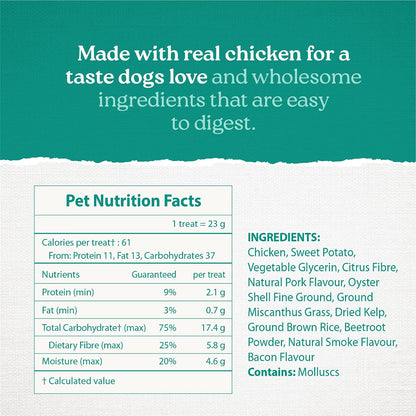Back label of Caledon Farms Plaque Busters showing natural ingredients and feeding guidelines for dogs.