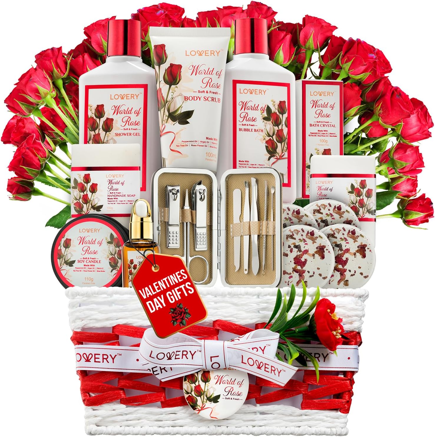 Lovery Red Rose Spa Gift Basket front view showing thirty five piece bath set