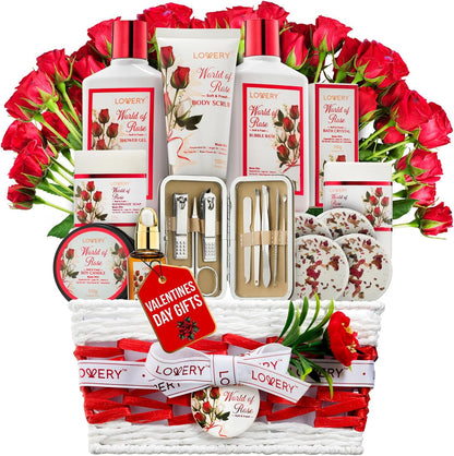 Lovery Red Rose Spa Gift Basket front view showing thirty five piece bath set