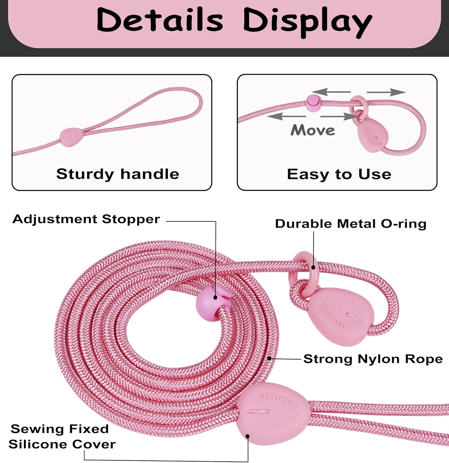 Close up of the metallic ring on the pink Tochibabe no pull puppy leash.